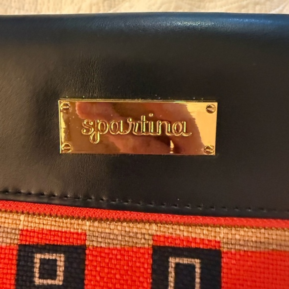 Spartina 449 Natural Linen & Leather Red/Black Geometric Clutch - NWOT - Picture 2 of 12